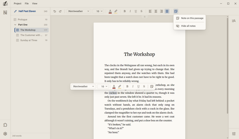 The toolbox over the marked word cuckoo. Above it the list of the tool Notes with the rows Note on this passage and Hide all notes