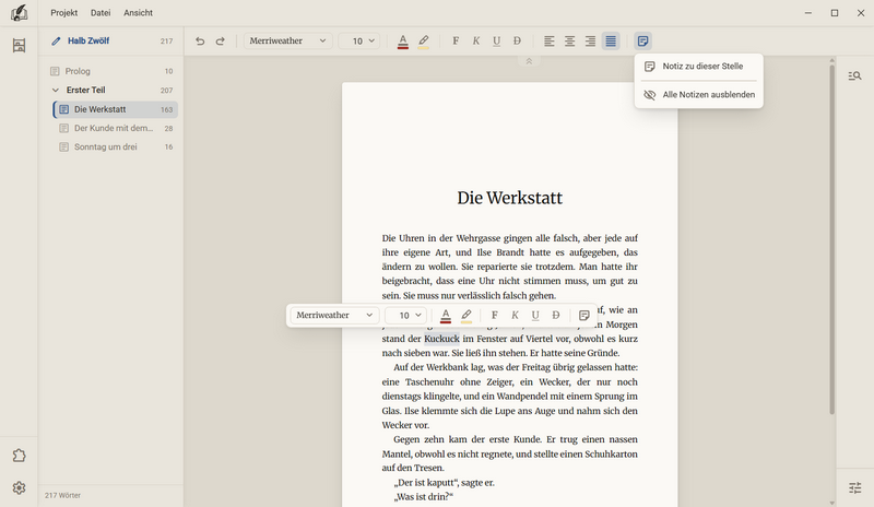 Der Werkzeugkasten über dem markierten Wort Kuckuck. Darüber die Liste des Werkzeugs Notizen mit den Zeilen Notiz zu dieser Stelle und Alle Notizen ausblenden