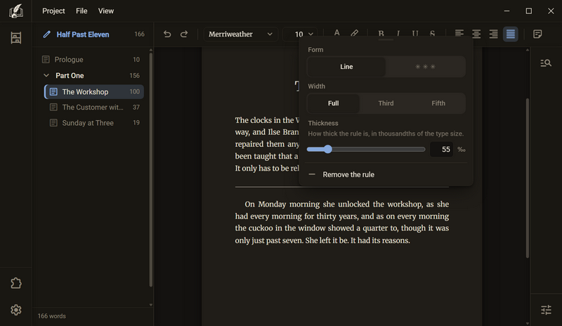 The menu of a scene rule with the rows Form, Width, Thickness and Remove the rule, dark mode