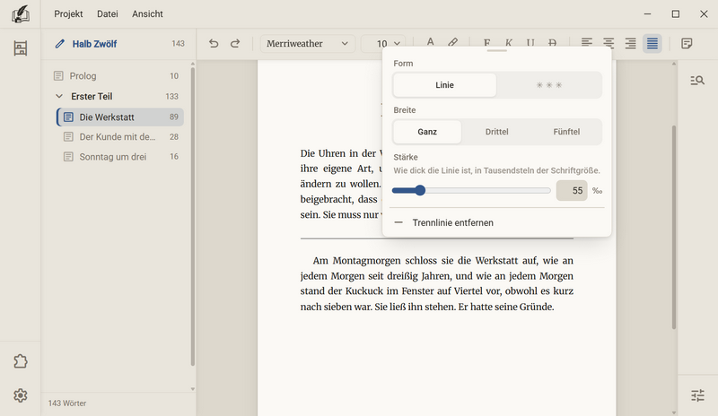 Das Menü einer Trennlinie mit den Zeilen Form, Breite, Stärke und Trennlinie entfernen