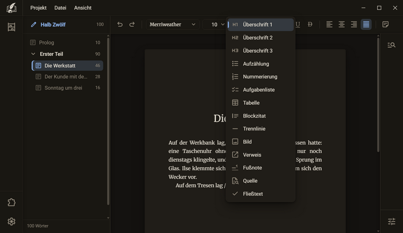 Die Liste nach dem Schrägstrich mit Überschriften, Aufzählung, Nummerierung, Aufgabenliste, Tabelle, Blockzitat, Trennlinie, Bild, Verweis, Fußnote, Quelle und Fließtext, dunkles Farbschema