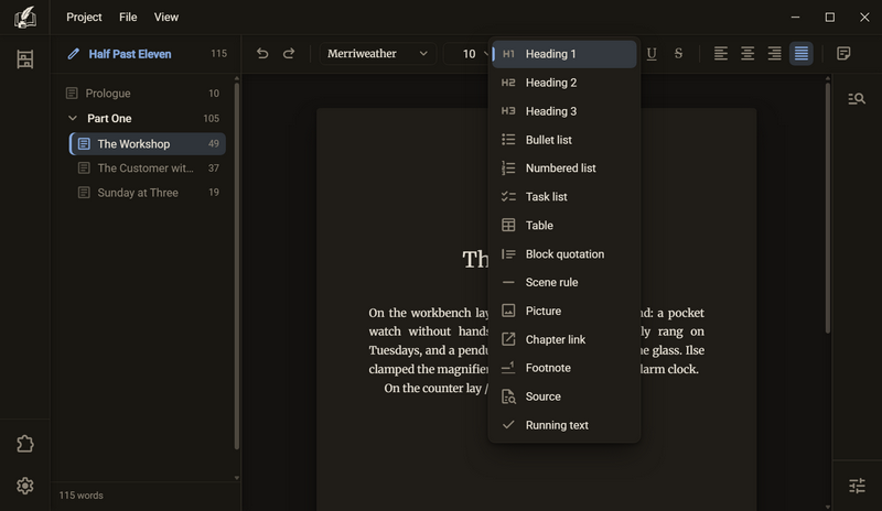 The list after the slash with headings, bullet list, numbered list, task list, table, block quotation, scene rule, picture, chapter link, footnote, source and running text, dark mode