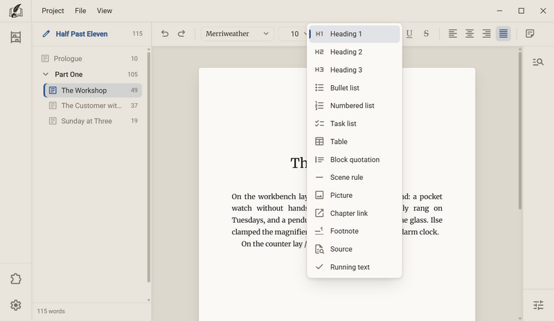 The list after the slash with headings, bullet list, numbered list, task list, table, block quotation, scene rule, picture, chapter link, footnote, source and running text