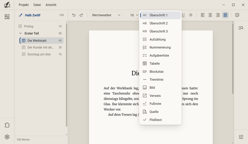 Die Liste nach dem Schrägstrich mit Überschriften, Aufzählung, Nummerierung, Aufgabenliste, Tabelle, Blockzitat, Trennlinie, Bild, Verweis, Fußnote, Quelle und Fließtext