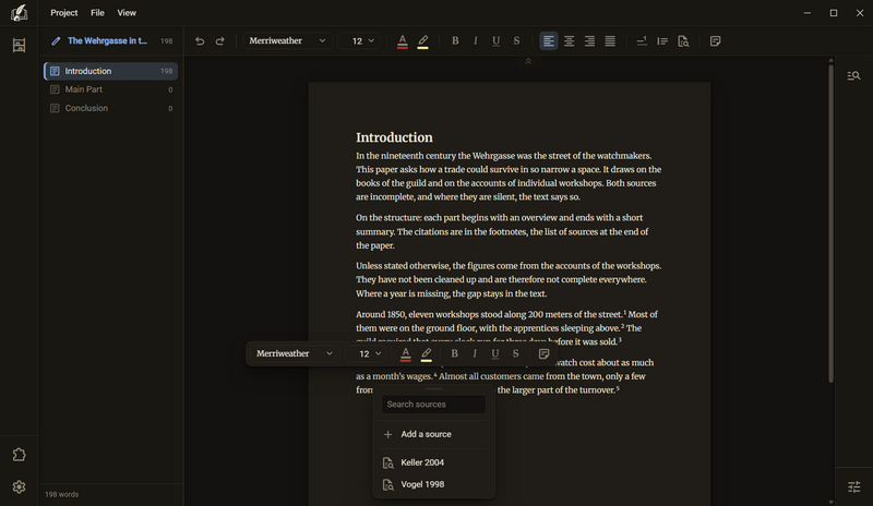 The list of sources at the cursor with the search field Search sources, the row Add a source and the sources Keller 2004 and Vogel 1998, dark mode