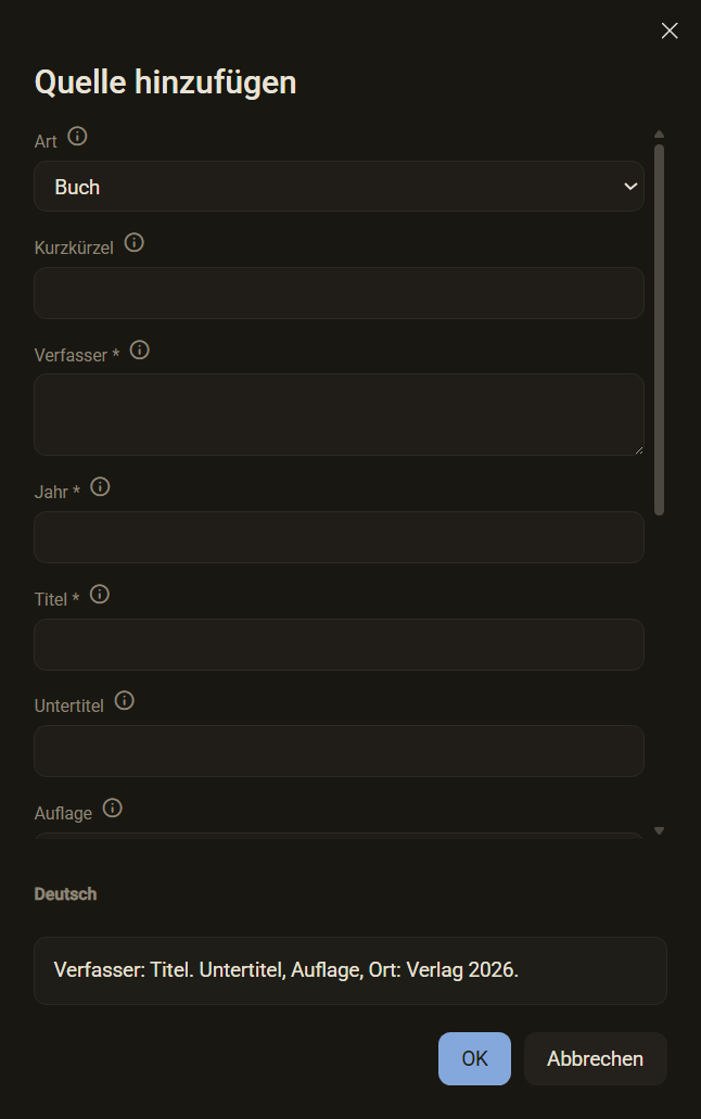 Der Dialog Quelle hinzufügen mit den Feldern Art, Kurzkürzel, Verfasser, Jahr, Titel und Untertitel, dunkles Farbschema