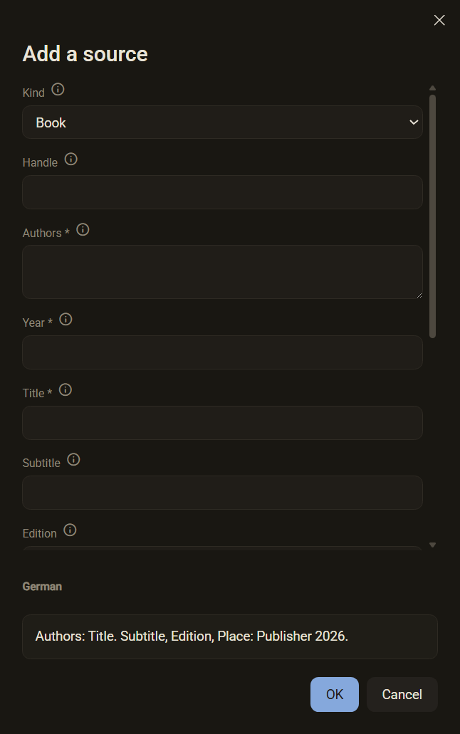 The dialog Add a source with the fields Kind, Handle, Authors, Year, Title and Subtitle, dark mode
