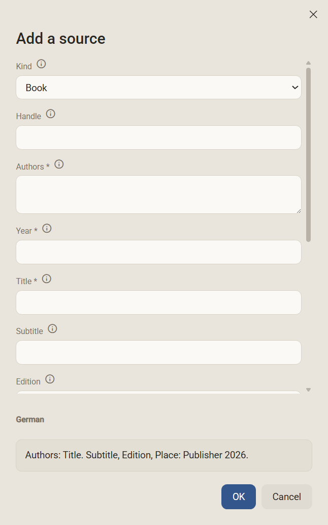 The dialog Add a source with the fields Kind, Handle, Authors, Year, Title and Subtitle