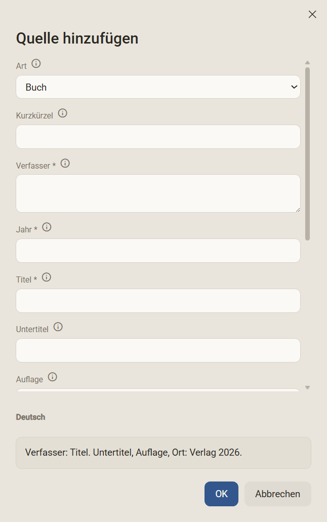 Der Dialog Quelle hinzufügen mit den Feldern Art, Kurzkürzel, Verfasser, Jahr, Titel und Untertitel
