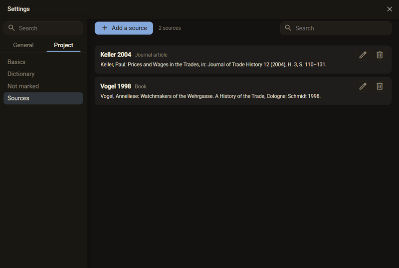 The settings in the tab Project, category Sources, with the button Add a source and two recorded sources, dark mode