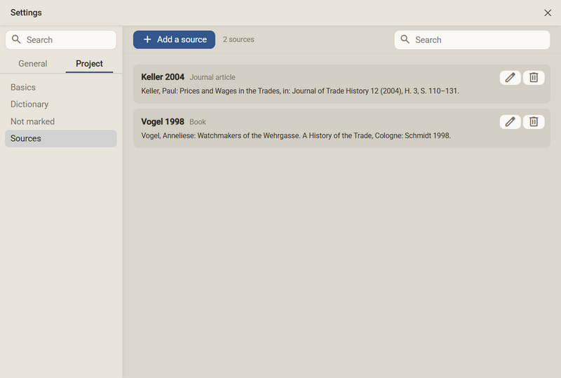 The settings in the tab Project, category Sources, with the button Add a source and two recorded sources