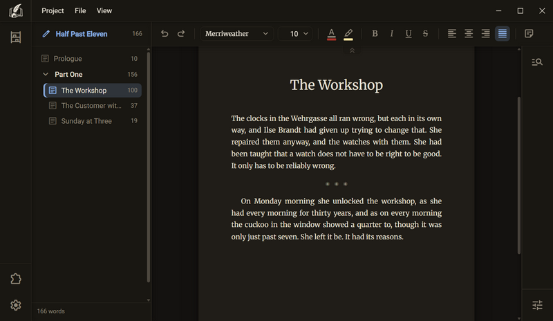 Three asterisks stand between two paragraphs as a scene rule, dark mode