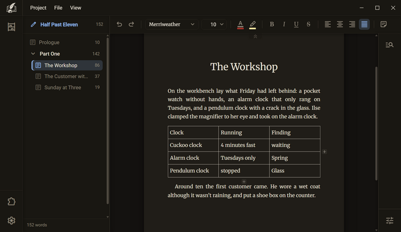 A table with three columns and four rows in the chapter. To the right of the table and below it stands a plus sign, dark mode