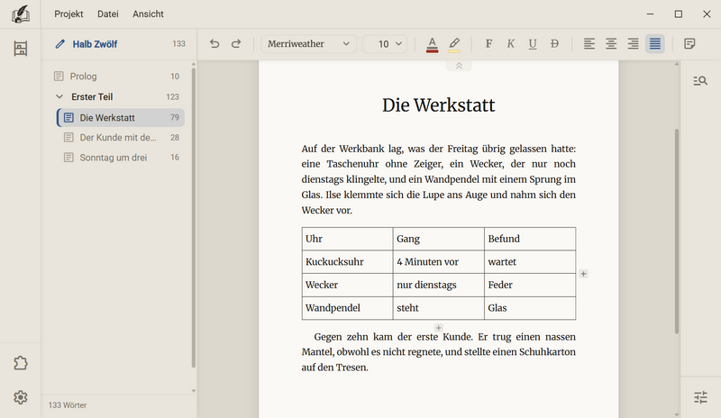 Eine Tabelle mit drei Spalten und vier Zeilen im Kapitel. Rechts und unter der Tabelle steht je ein Plus