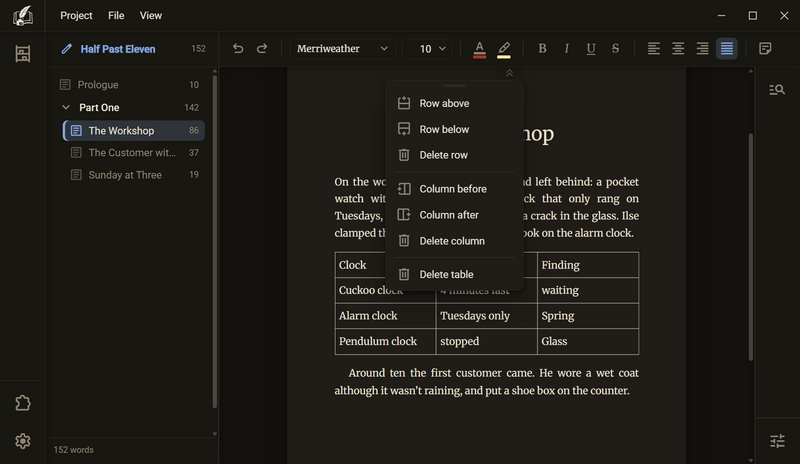 The menu of a cell: Row above, Row below, Delete row, Column before, Column after, Delete column and Delete table, dark mode