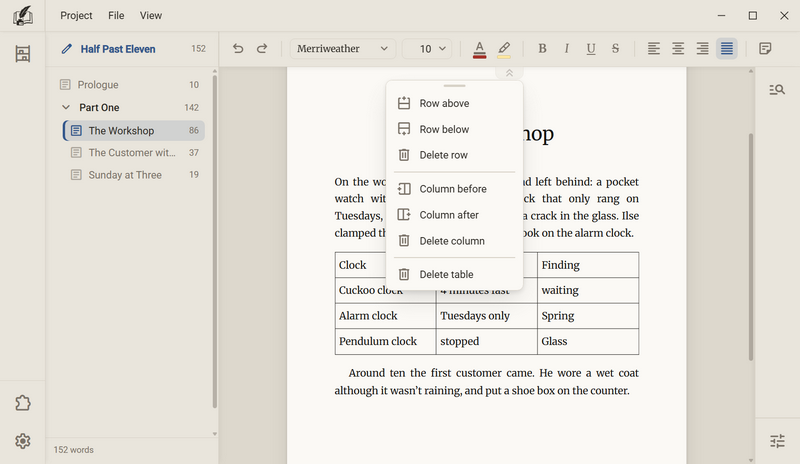 The menu of a cell: Row above, Row below, Delete row, Column before, Column after, Delete column and Delete table