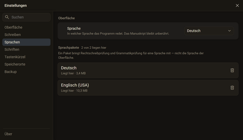 Die Einstellungen in der Kategorie Sprachen, dunkles Farbschema