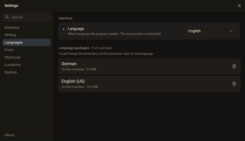 The settings in the category Languages, dark color scheme