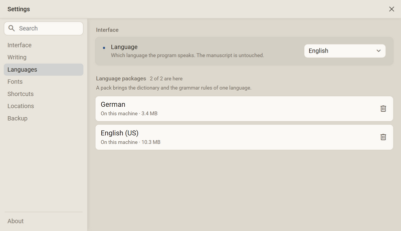 The settings in the category Languages: the language at the top, two language packages below it