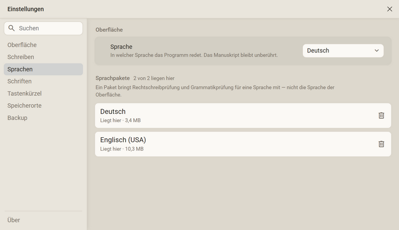 Die Einstellungen in der Kategorie Sprachen: oben die Sprache, darunter zwei Sprachpakete
