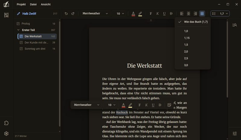 Die Werkzeugleiste mit dem Feld Zeilenabstand am rechten Ende, darunter die geöffnete Liste mit Wie das Buch und den Werten 1,0 bis 3,0, dunkles Farbschema