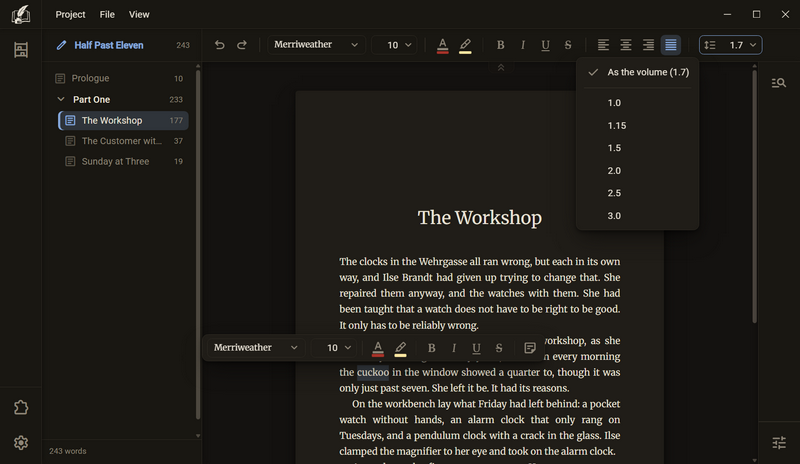 The toolbar with the Leading field at the right end, below it the open list with As the volume and the values 1.0 to 3.0, dark colour scheme