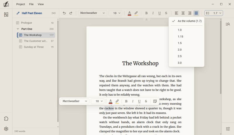 The toolbar with the Leading field at the right end, below it the open list with As the volume and the values 1.0 to 3.0