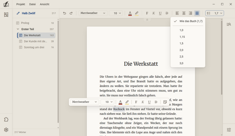 Die Werkzeugleiste mit dem Feld Zeilenabstand am rechten Ende, darunter die geöffnete Liste mit Wie das Buch und den Werten 1,0 bis 3,0