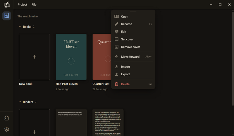 The menu of a book tile, dark mode