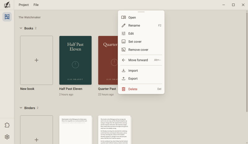 The menu of the tile Quarter Past with Open, Rename, Edit, Set cover, Remove cover, Move forward, Import, Export and Delete