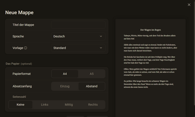 Der Dialog Neue Mappe, dunkles Farbschema
