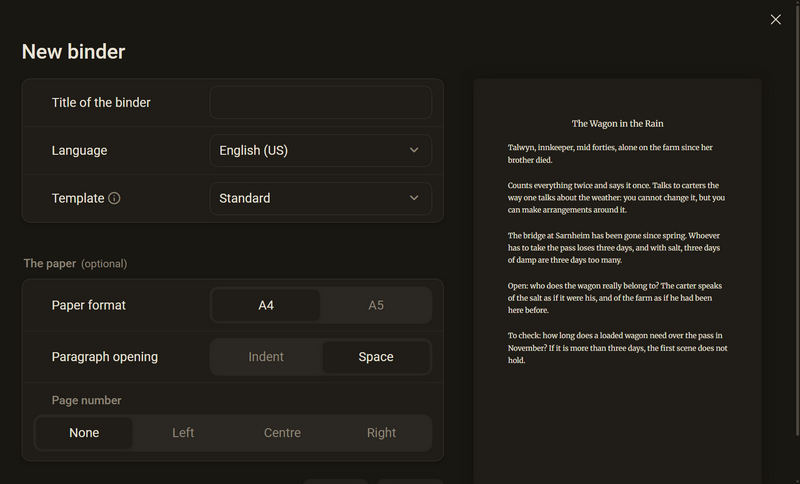 The dialog New binder, dark mode