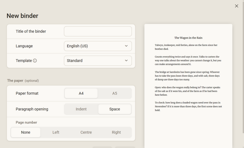 The dialog New binder with Title of the binder, Language, Template and the card The paper