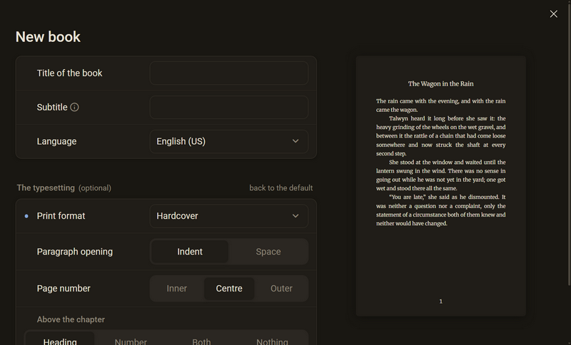 The dialog New book, dark mode