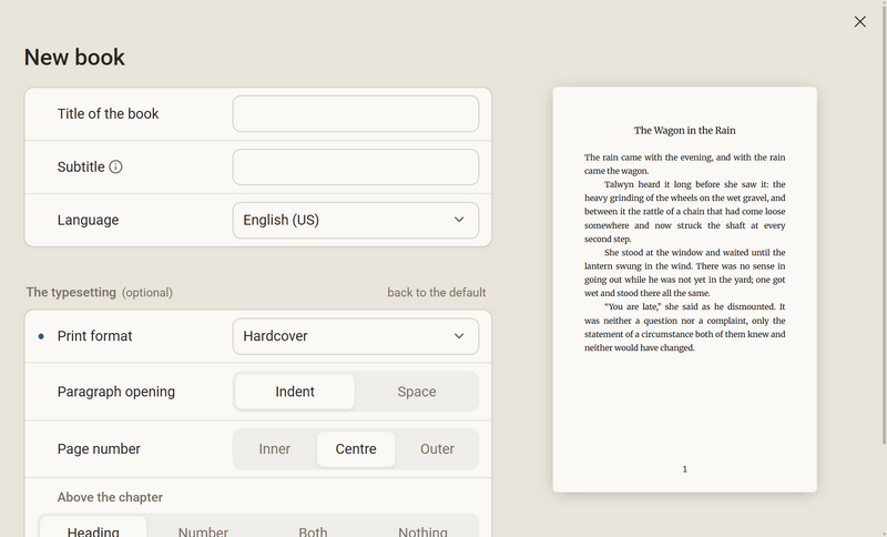 The dialog New book: on the left title, subtitle, language and the typesetting, on the right a page with sample text