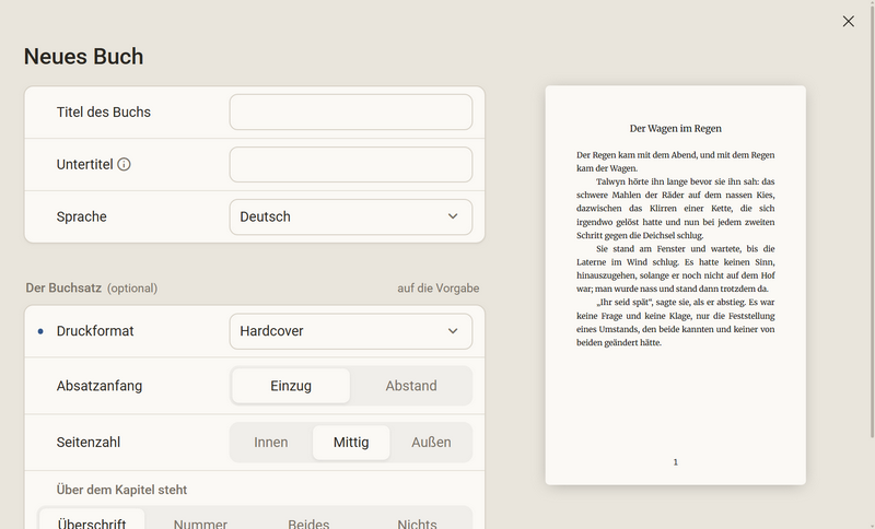 Der Dialog Neues Buch: links Titel, Untertitel, Sprache und der Buchsatz, rechts eine Seite mit Beispieltext