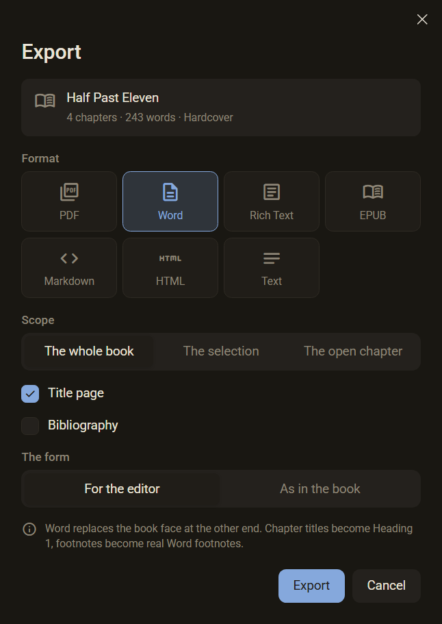 The Export dialog with the format Word chosen and the question about the form: For the editor or As in the book, dark mode