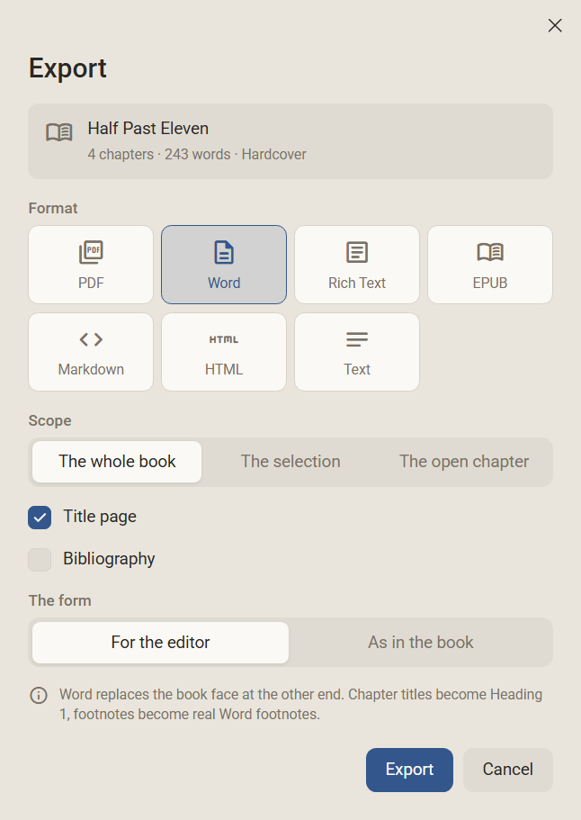The Export dialog with the format Word chosen and the question about the form: For the editor or As in the book