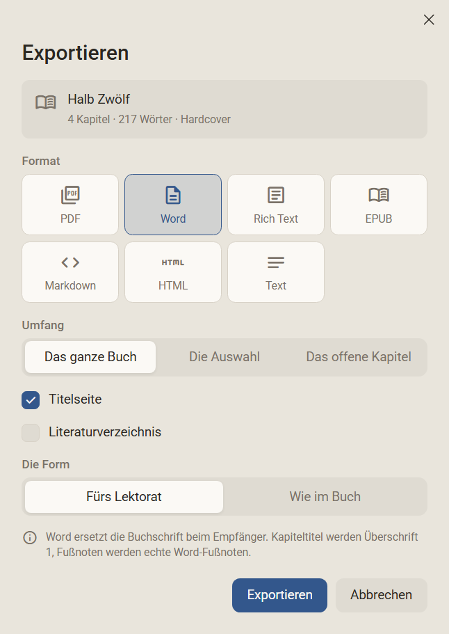 Der Dialog Exportieren mit gewähltem Format Word und der Frage nach der Form: Fürs Lektorat oder Wie im Buch