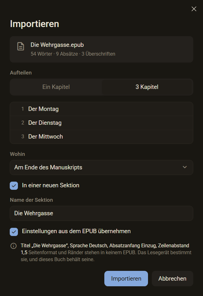 Der Dialog Importieren mit einem EPUB: drei Kapitel und der Haken Einstellungen aus dem EPUB übernehmen mit Titel, Sprache, Absatzanfang und Zeilenabstand, dunkles Farbschema