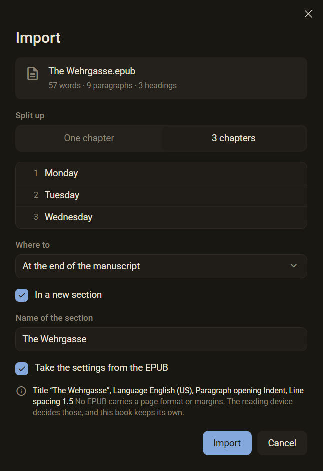 The Import dialog with an EPUB: three chapters and the tick Take the settings from the EPUB with title, language, paragraph opening and line spacing, dark mode