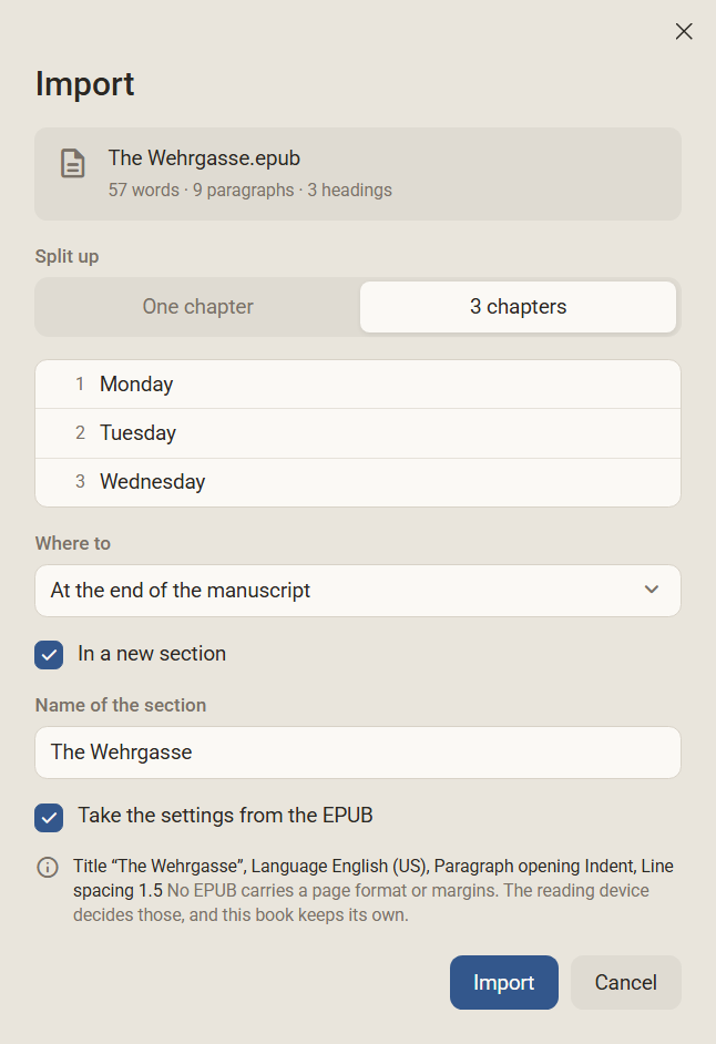 The Import dialog with an EPUB: three chapters and the tick Take the settings from the EPUB with title, language, paragraph opening and line spacing