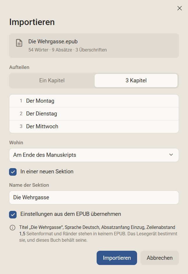 Der Dialog Importieren mit einem EPUB: drei Kapitel und der Haken Einstellungen aus dem EPUB übernehmen mit Titel, Sprache, Absatzanfang und Zeilenabstand