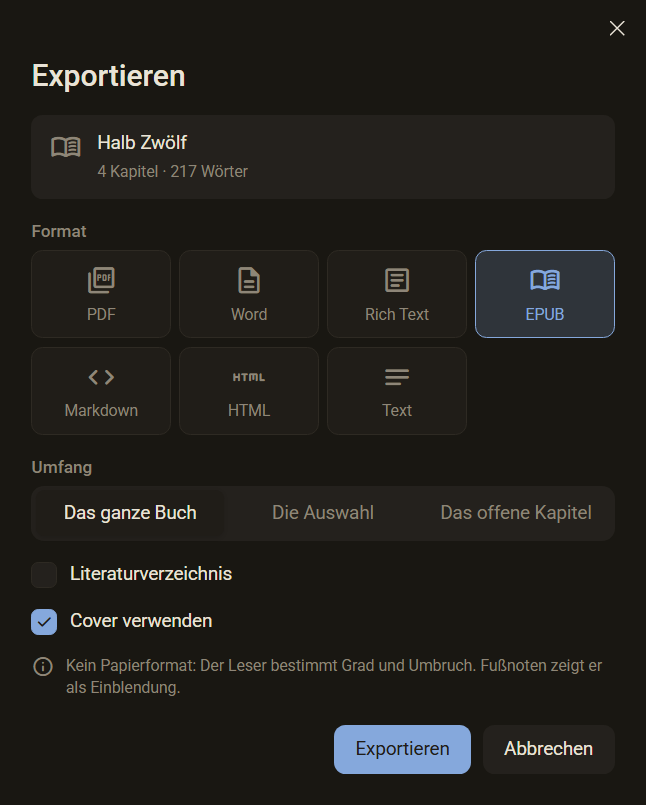 Der Dialog Exportieren mit gewähltem Format EPUB und dem Feld Cover verwenden, dunkles Farbschema