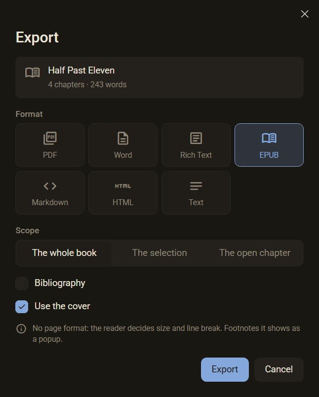 The Export dialog with the format EPUB chosen and the field Use the cover, dark mode