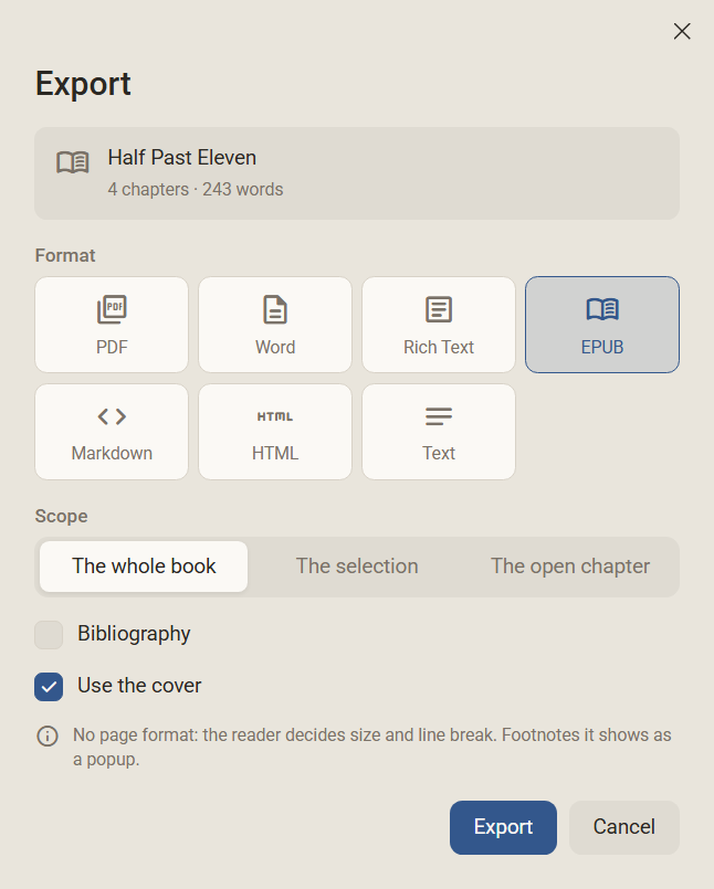 The Export dialog with the format EPUB chosen and the field Use the cover