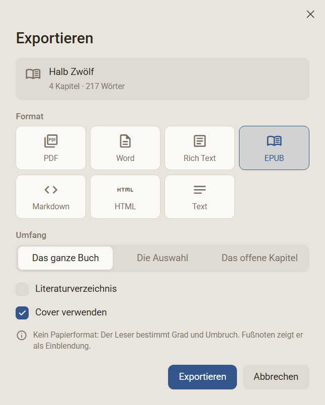 Der Dialog Exportieren mit gewähltem Format EPUB und dem Feld Cover verwenden