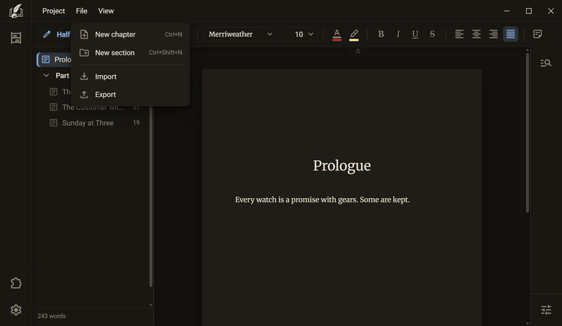 The manuscript with the File menu open: New chapter, New section, Import and Export, dark mode