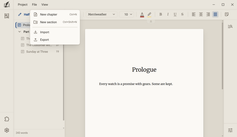 The manuscript with the File menu open: New chapter, New section, Import and Export
