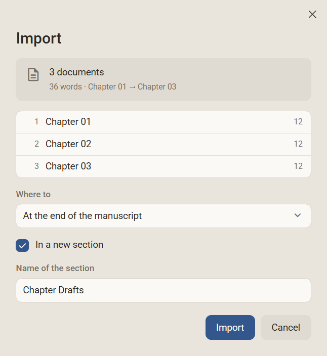 The Import dialog with three documents, Chapter 01 to Chapter 03, going into a new section named after the folder